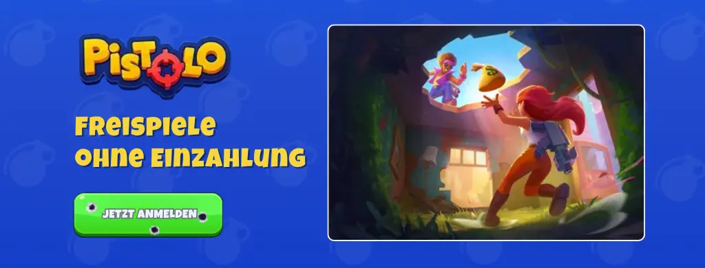 Pistolo-Spiel: Ein Charakter rennt durch ein Gebäude, verfolgt von einer anderen Figur, die einen Geldsack hält.